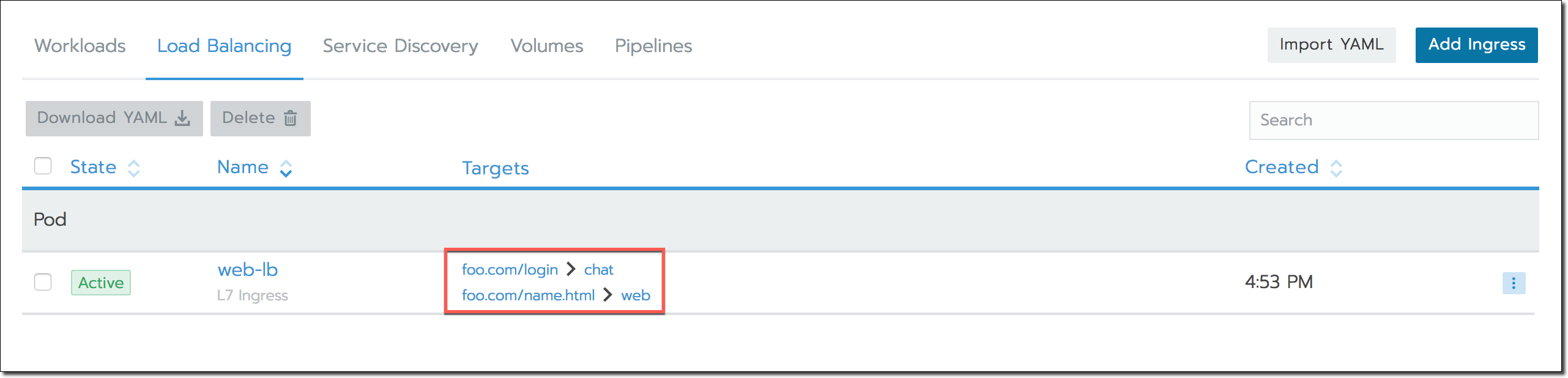 Load Balancer Links to Workloads